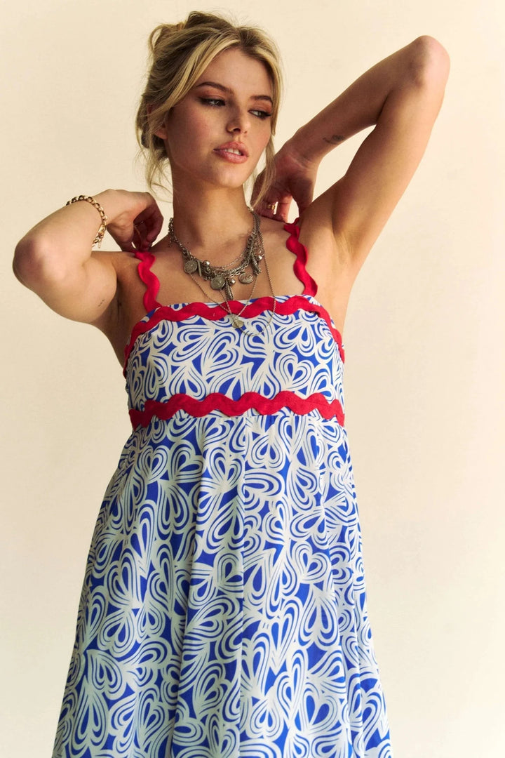 Davi &amp; Dani Contrast Velvet Tape Smocked Bodice Midi Dress in Cobalt Blue - Nikki &amp; Co. Boutique