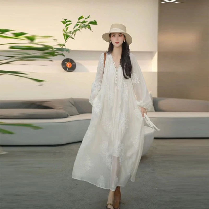 Elegant Flower Embroidery White Maxi Dress Women Stylish Button Lantern Long Sleeve Lace Up Dress Casual Loose Holiday Vestido