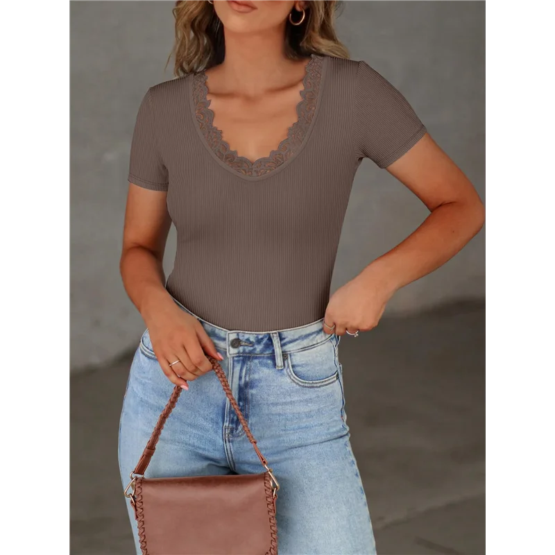 ASDS-Women Short Sleeve Lace V Neck Shirts Ribbed Knit Fitted Business Dressy Casual Summer Blouses T-Shirt