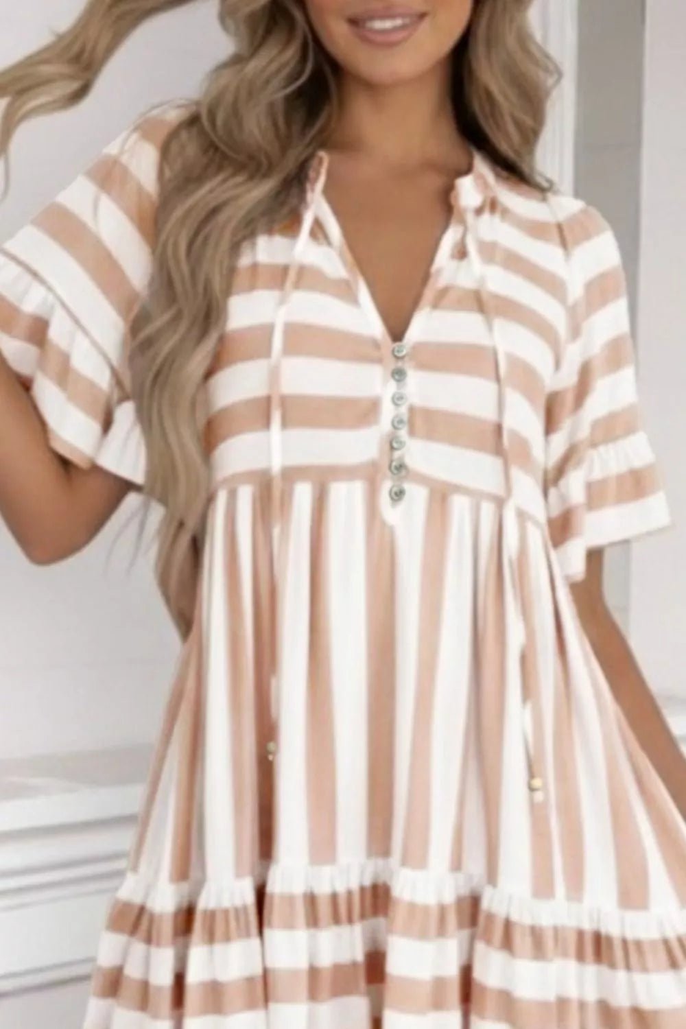 Stripe Tie V - Neck Ruffle Trim Short Sleeve Flared Summer Dress - Nikki &amp; Co. Boutique