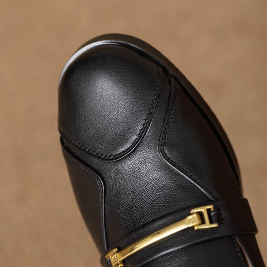 Women's new leather, cowhide, metal accessories, round toe, low heel, comfortable, plus size single shoes, casual shoes