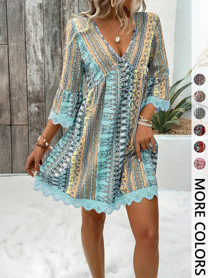 Printed V - Neck A - Line Dress - Nikki &amp; Co. Boutique