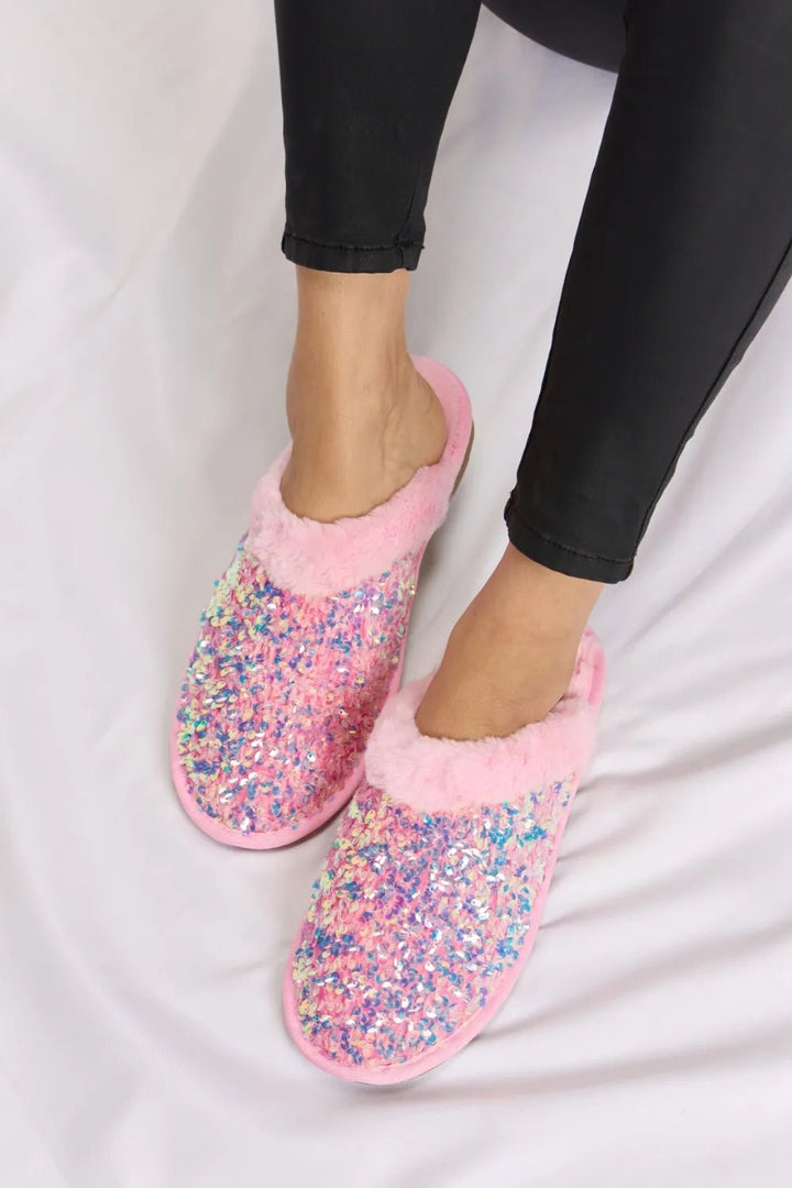 Forever Link Sequin Plush Round Toe Slippers in Pink - Nikki &amp; Co. Boutique