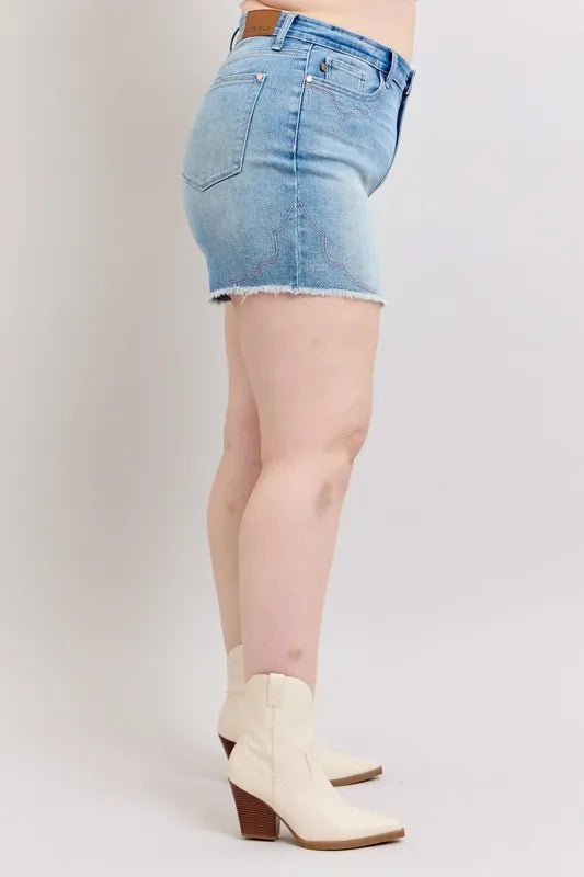Judy Blue Full Size High Waist Western Embroidery Cut Off Denim Shorts in Light Wash - Nikki &amp; Co. Boutique