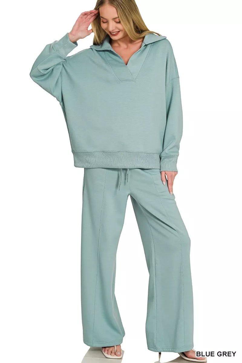 Zenana Scuba Collared Pullover &amp; Center-Seam Pants Set | Blue Grey - Nikki &amp; Co. Boutique