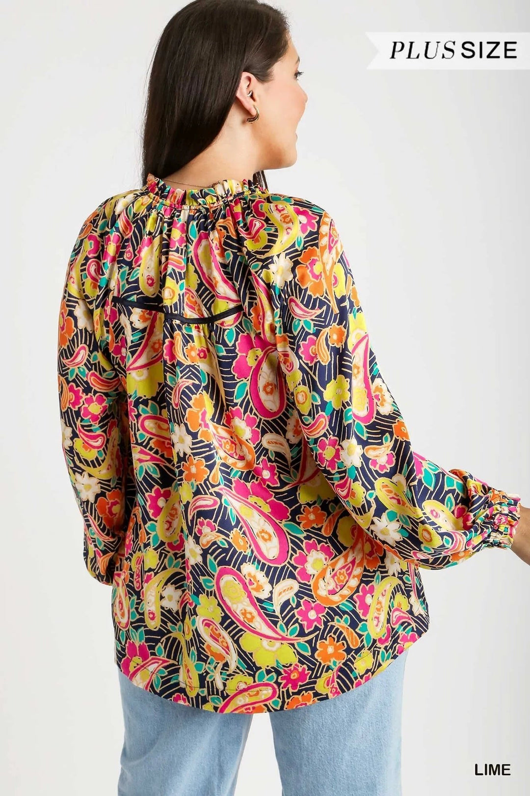Umgee Full Size Satin Paisley Ruffle Neck Button-Up Shirt Plus Size - Nikki &amp; Co. Boutique
