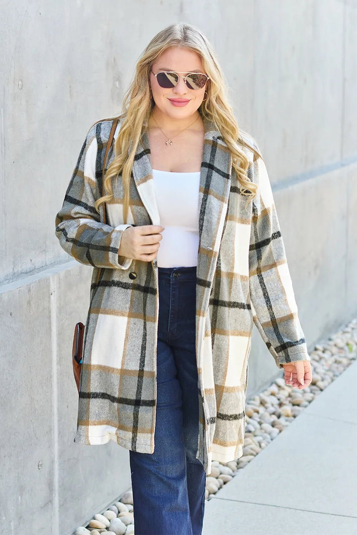 Double Take Full Size Plaid Button Up Lapel Collar Coat - Nikki &amp; Co. Boutique