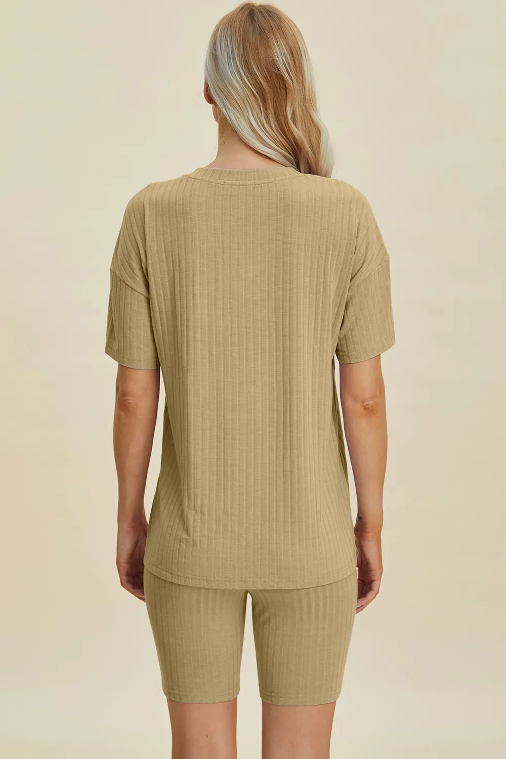 Basic Bae Full Size Ribbed V-Neck Shorts Sleeve Tops and Shorts Sets | Nikki &amp; Co. Boutique