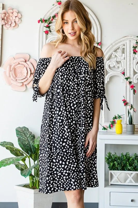 Heimish Full Size Short Sleeve Off Shoulder Animal Mini Dress Plus Size - Nikki &amp; Co. Boutique