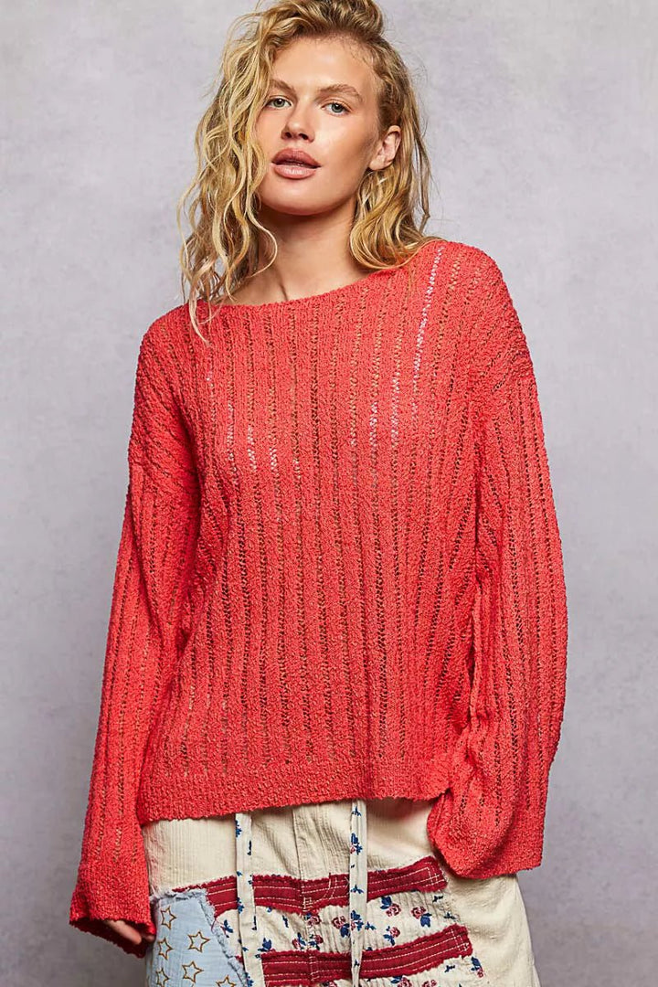 POL Round Neck Long Sleeve Open Weave Sweater - Nikki &amp; Co. Boutique