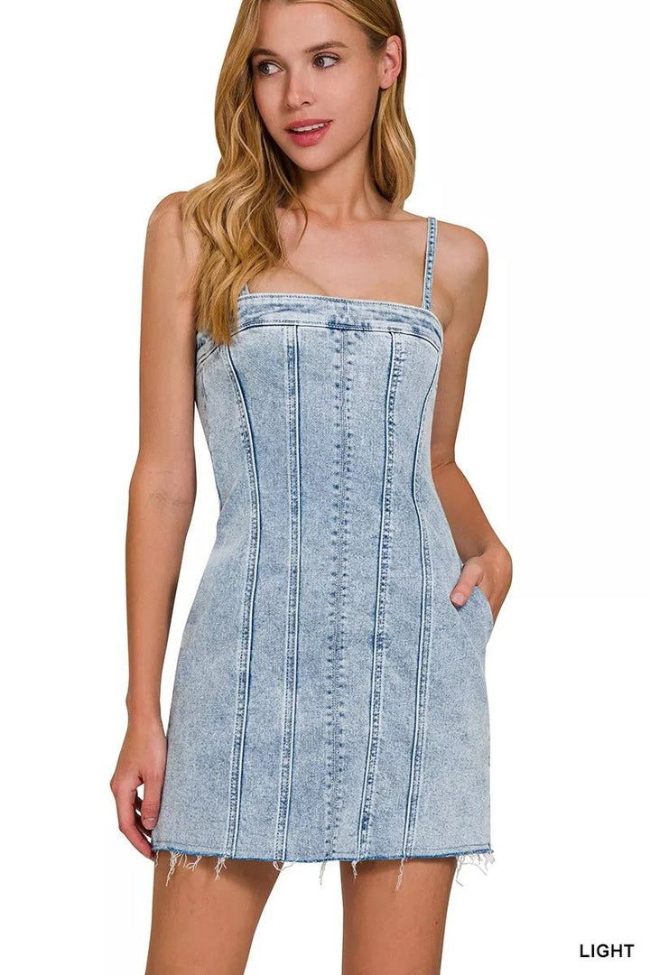 Zenana Spaghetti Strap Exposed Seam Light-Wash Dress | Nikki &amp; Co. Boutique