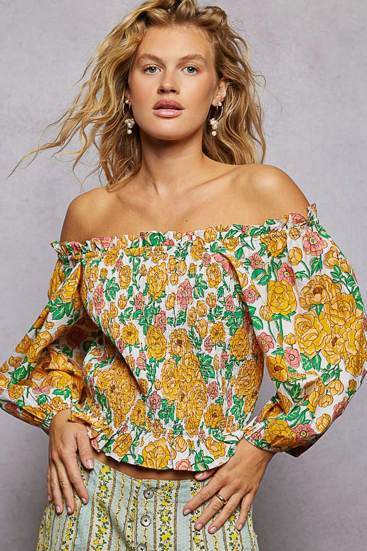 POL Floral Print Off-Shoulder Smocked Blouse | Honey Multi - Nikki &amp; Co. Boutique
