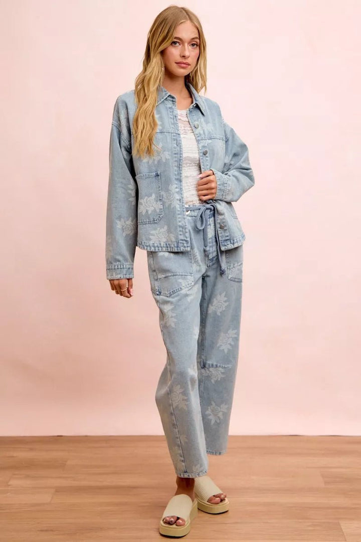 BiBi Printed Washed Denim Jacket With Pocket - Nikki &amp; Co. Boutique