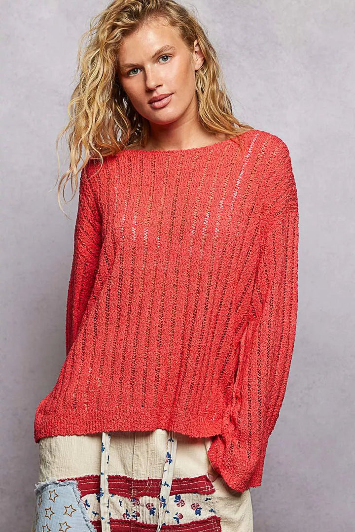 POL Round Neck Long Sleeve Open Weave Sweater - Nikki &amp; Co. Boutique