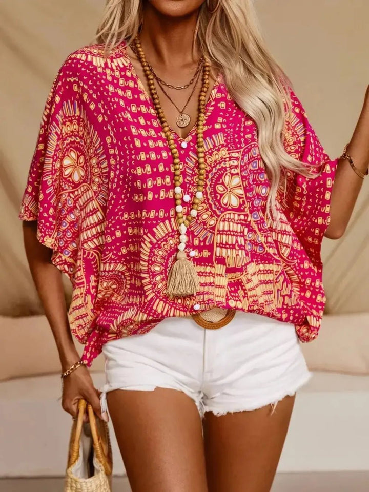 Printed V - Neck Half Sleeve Tops - Nikki &amp; Co. Boutique