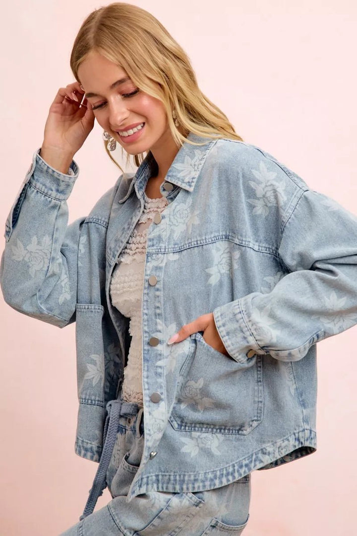 BiBi Printed Washed Denim Jacket With Pocket - Nikki &amp; Co. Boutique