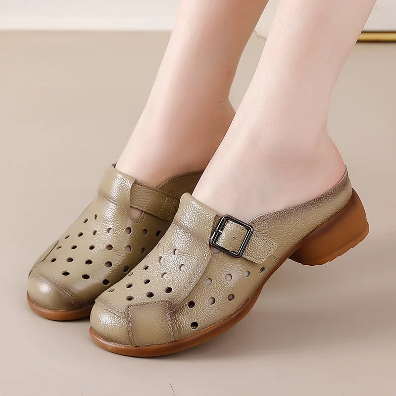 New Cow leather low heel sandals women's hollow out mules shoes woman buckle strap slipper sandals ladies elegant slip on shoes
