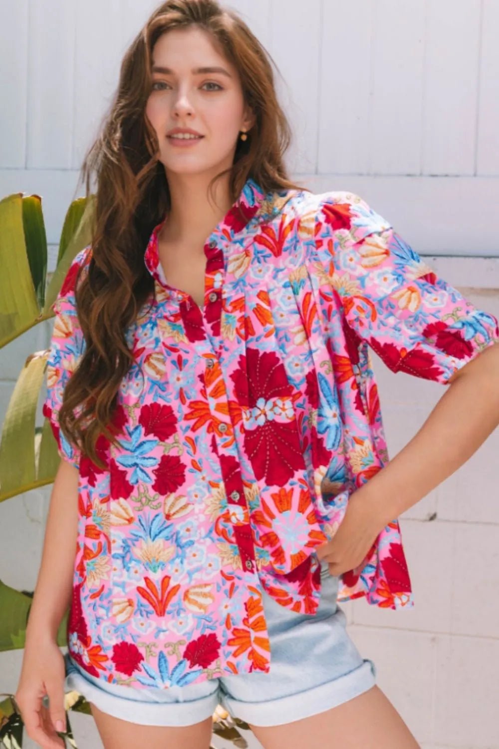 Floral Puff Sleeve Button - Up Top - Nikki and Co Boutique