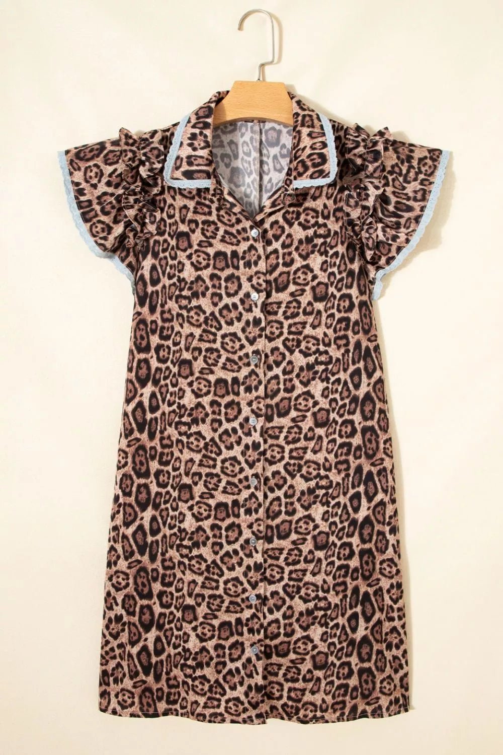 Leopard Print Lace Trim Shirt Collar Button - Down Mini Dress - Nikki &amp; Co. Boutique