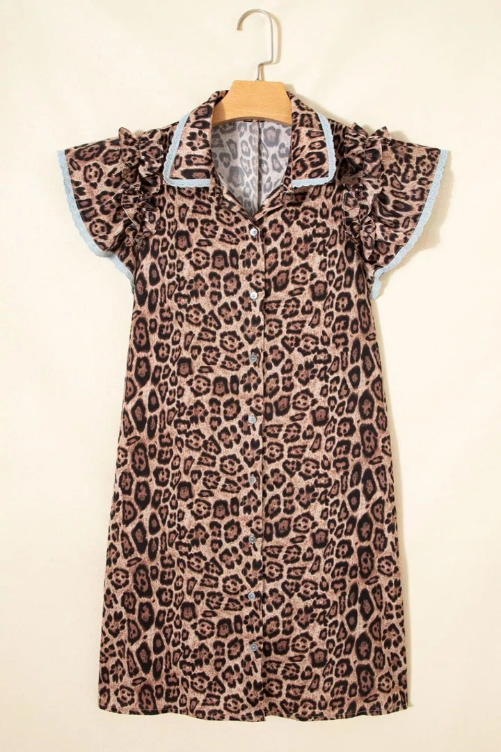 Leopard Print Lace Trim Shirt Collar Button - Down Mini Dress - Nikki &amp; Co. Boutique