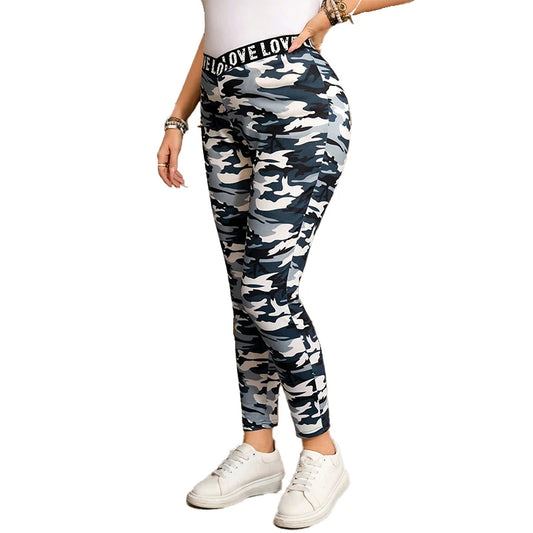Plus Size Women's Camouflage Printed Leggings with Pockets Outdoors Fitness Jogging Tights Butt Lifting Elastic Tights Streetwea
