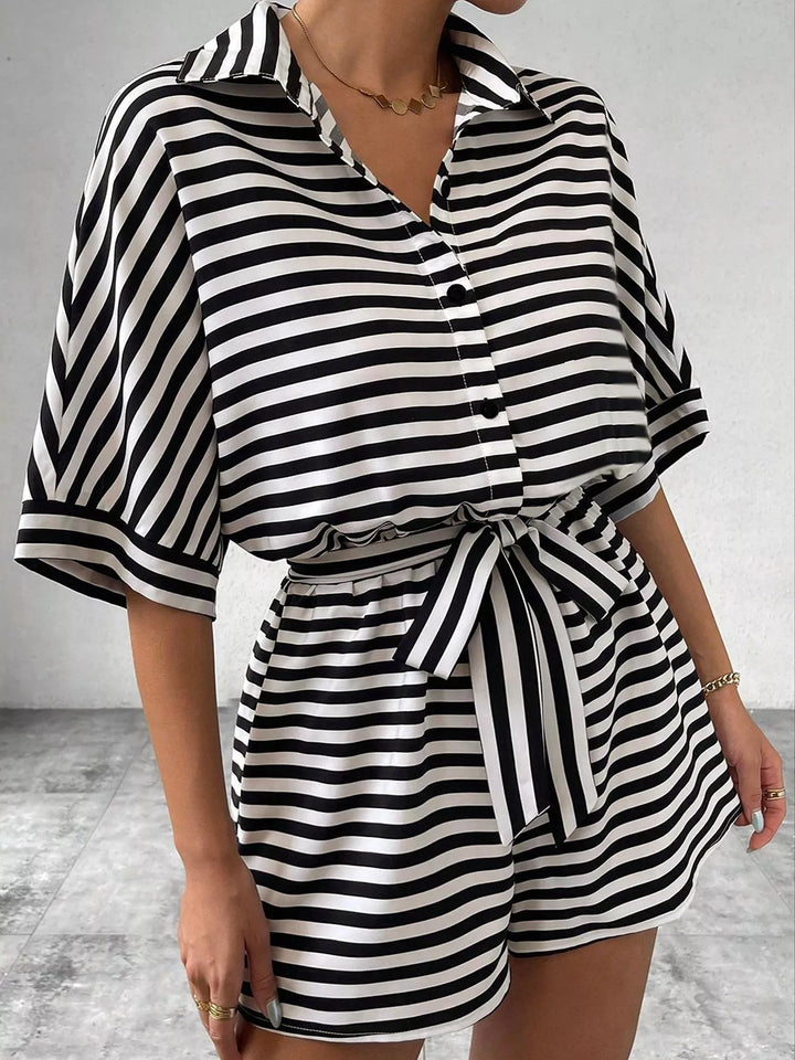 Striped Button - Up Belted Romper - Nikki &amp; Co. Boutique