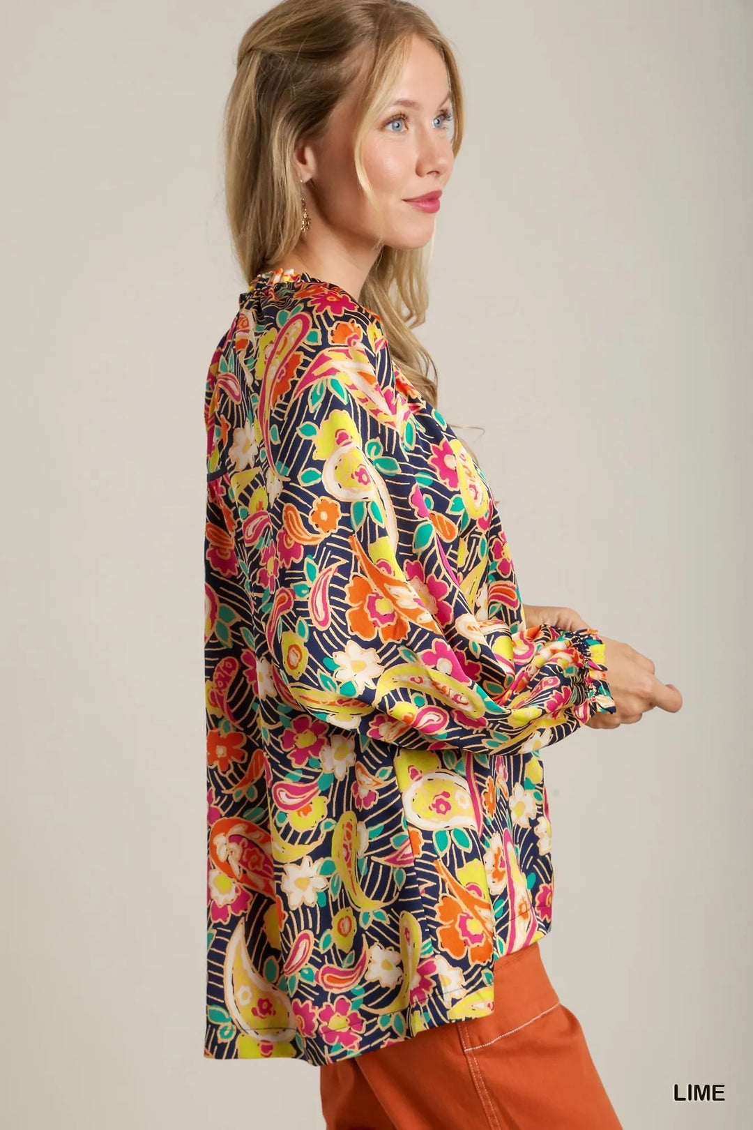 Umgee Full Size Satin Paisley Ruffle Neck Button-Up Shirt Plus Size - Nikki &amp; Co. Boutique