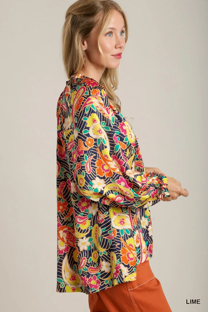 Umgee Full Size Satin Paisley Ruffle Neck Button-Up Shirt Plus Size - Nikki &amp; Co. Boutique