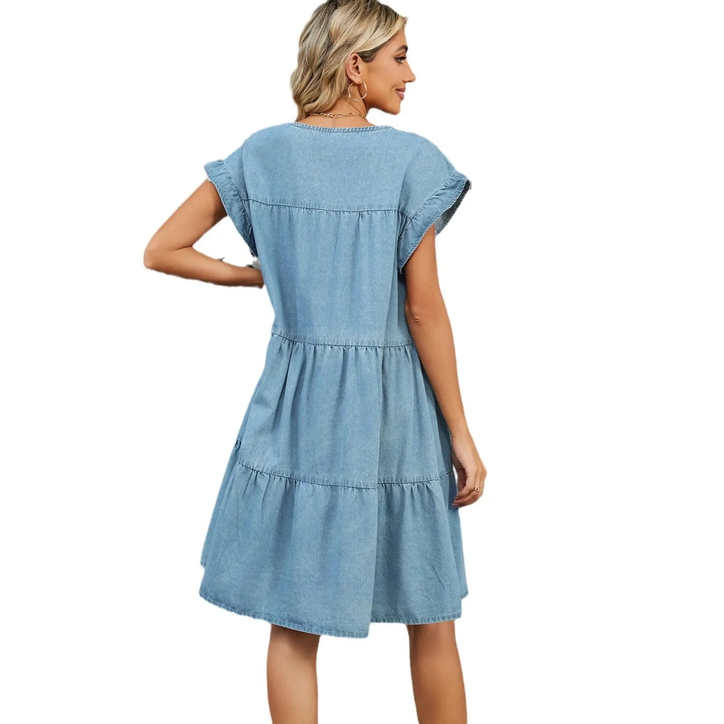 Summer Fashion Solid-color Pullover Round-neck Loose Casual Short-sleeved Patchwork Denim Dress for European and American Women