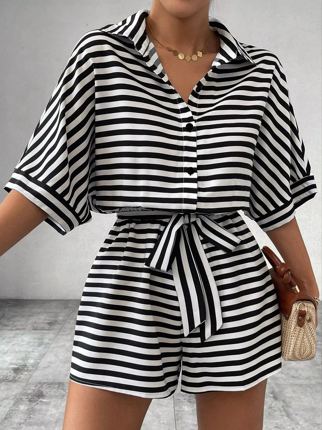 Striped Button - Up Belted Romper - Nikki &amp; Co. Boutique