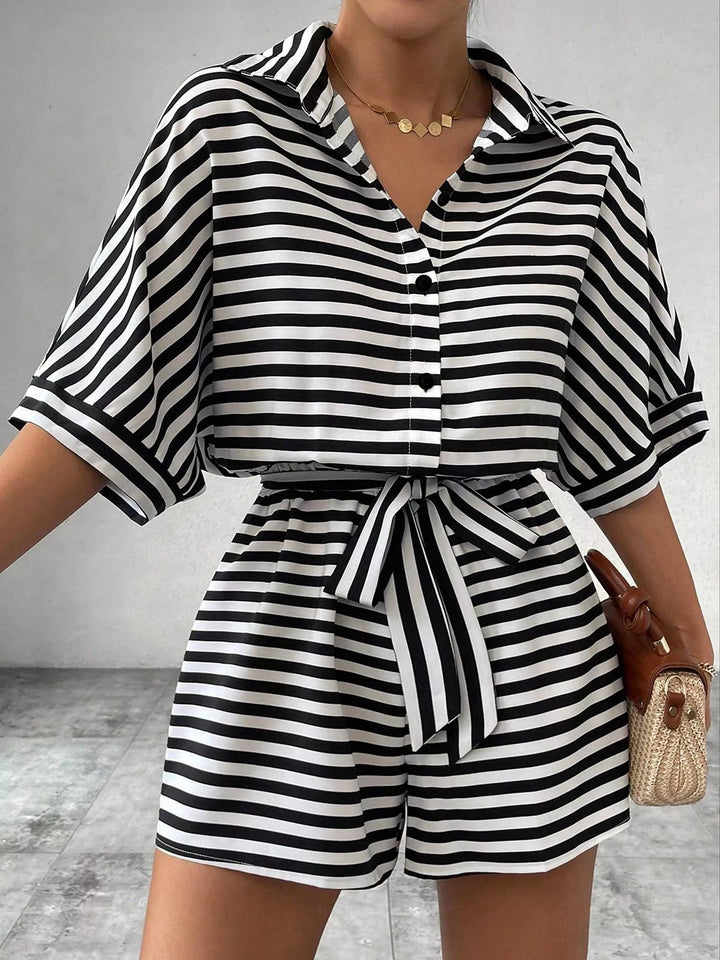 Striped Button - Up Belted Romper - Nikki &amp; Co. Boutique
