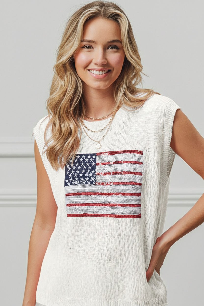 American Flag Sequins Patch Knit Tops | Nikki &amp; Co. Boutique