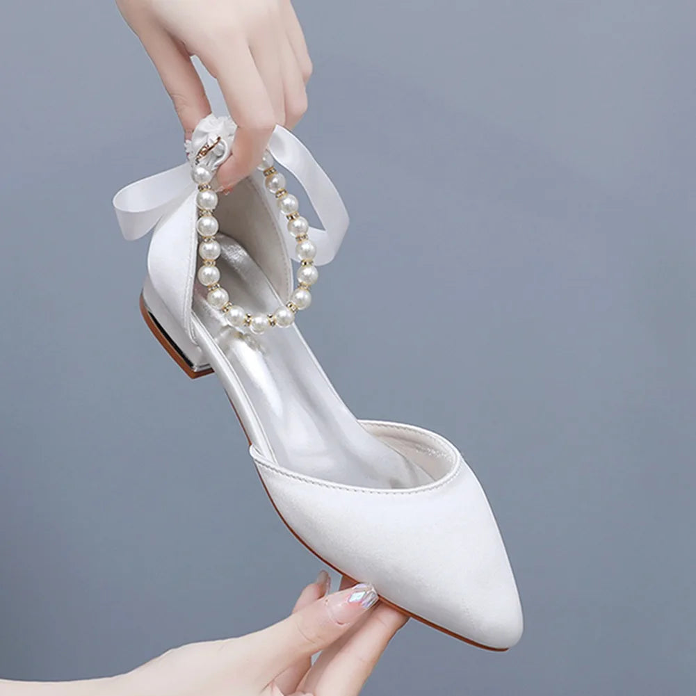 Wedding Shoes Bride Flat Heel Pointed Hollow Sandals Women White Satin Beaded Bride's Wedding Dress Shoes Sandalias