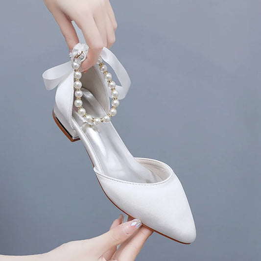 Wedding Shoes Bride Flat Heel Pointed Hollow Sandals Women White Satin Beaded Bride's Wedding Dress Shoes Sandalias