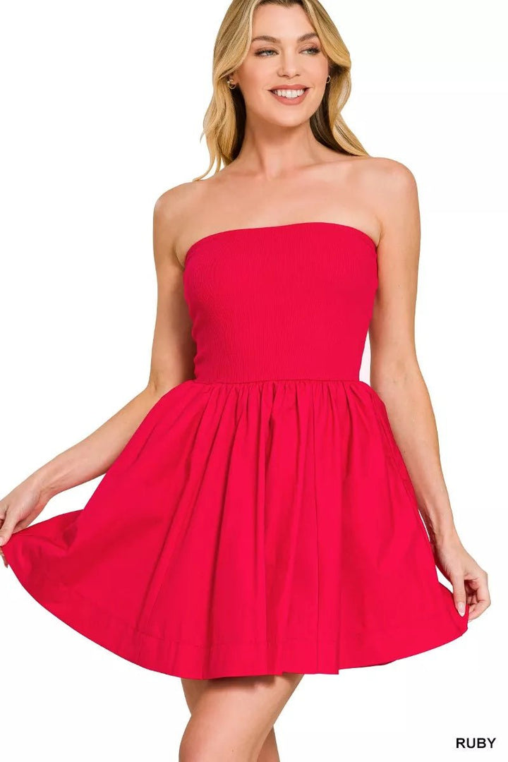 Zenana Combined Knit Tube Top Flare Mini Dress in Ruby - Nikki &amp; Co. Boutique