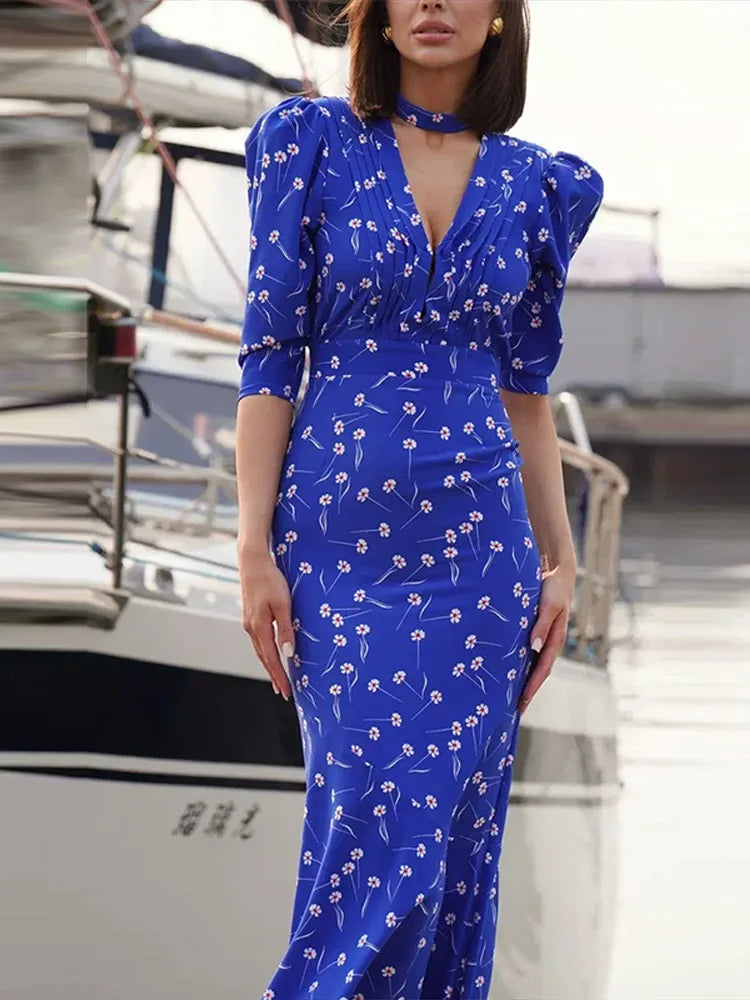 Print Deep V Shoulder Pad Long Dress Elegant Short Sleeve Waist Cinching Sheath Party Dresses