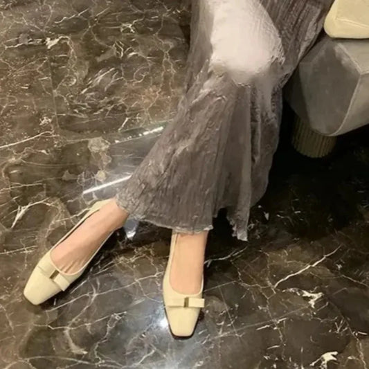 Leather Version Grape Mom Elegant Square Head Metal Buckle Butterfly Knot Chunky Heel Commuter Shoes Versatile Open Toe Wom