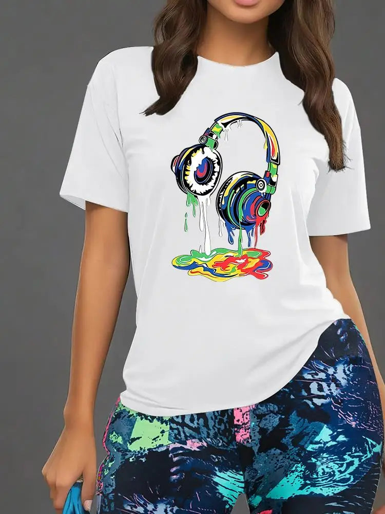 Color Earphones Print Women T Shirts Two Piece Set Fashion Novel Floral Shorts Sets Summer Breathable Cotton Shirt Shorts Female