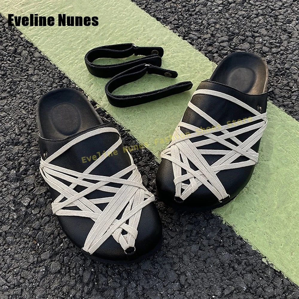 Cross Tied Back Strap Fashion Mules Round Toe Thick Sole Slip On Street Style Couple Casuals Slippers Summer New Arrivals