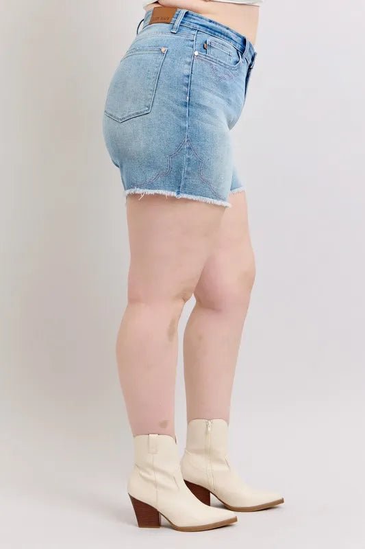 Judy Blue Full Size High Waist Western Embroidery Cut Off Denim Shorts in Light Wash - Nikki &amp; Co. Boutique