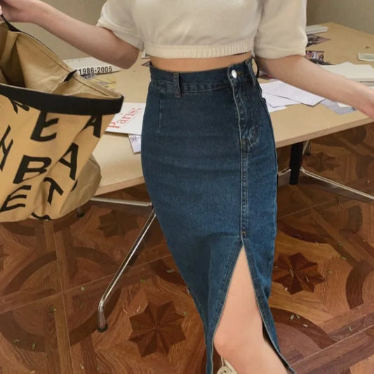 Retro High Waist Slim Fit Denim Skirt Women plus Size Mid-Length Bodycon Skirt