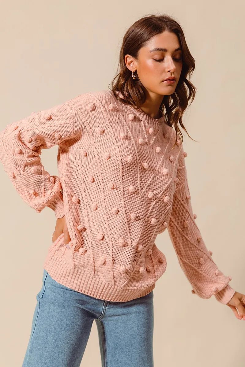SO ME Pom-Pom Textured-Knit Sweater Top | Blush - Nikki &amp; Co. Boutique