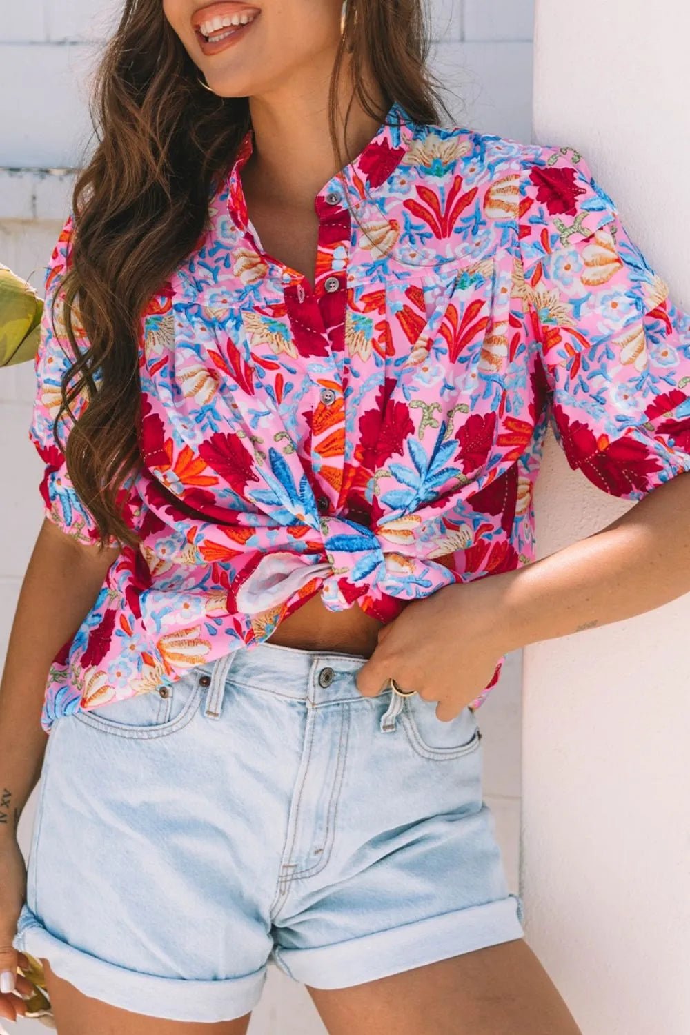 Floral Puff Sleeve Button - Up Top - Nikki and Co Boutique