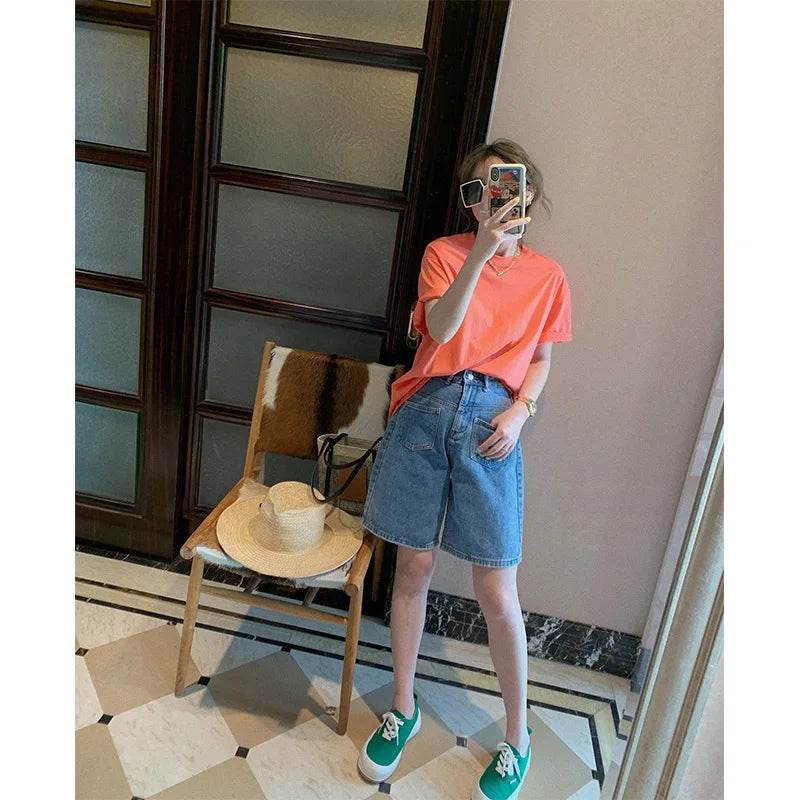 Plus Size Denim Wide Leg Short Pants Women Summer New Design Loose Slim Straight Five-Quarter Trendy Blue Jeans Casual Shorts