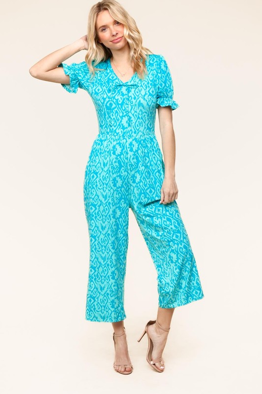 PLUS Spring Vibes Aqua Ikat Print Ruffle Sleeve Wide Leg Jumpsuit | Nikki &amp; Co. Boutique
