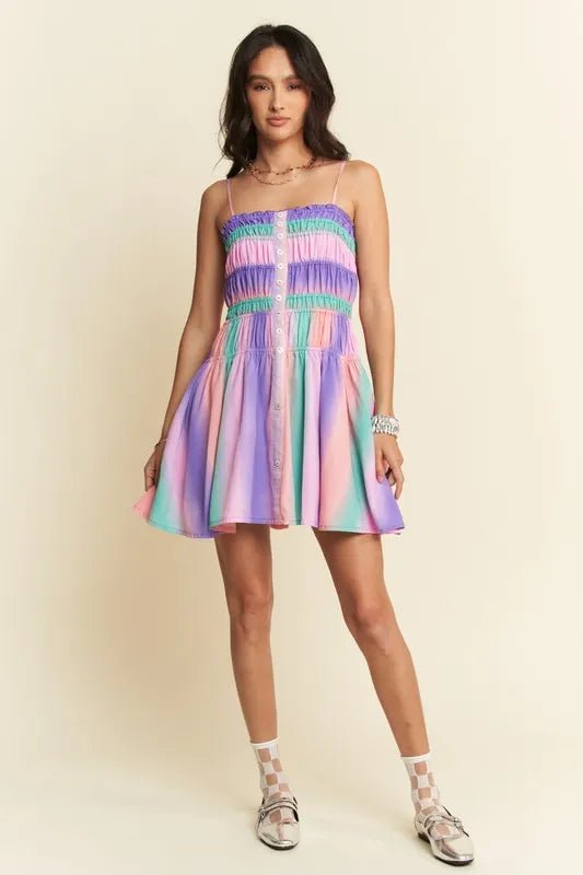 Davi &amp; Dani Multi Color Ombre Printed Bodice Button Up Dress in Purple Multi - Nikki &amp; Co. Boutique
