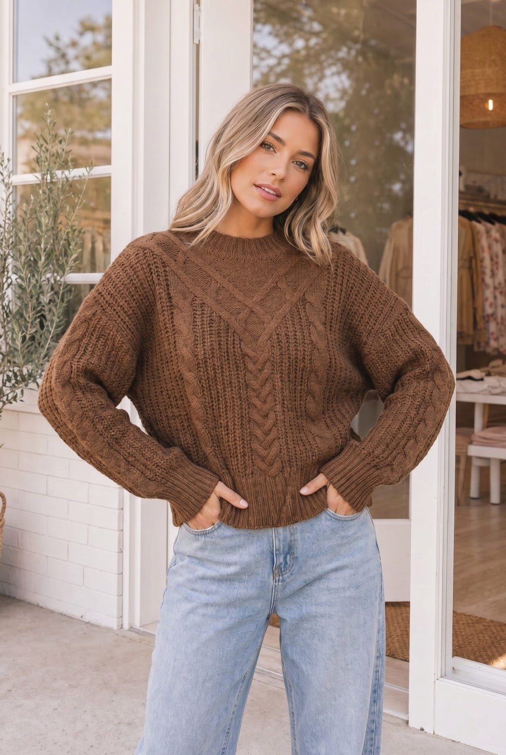 October Kiss Cable Knit Sweater in Warm Mocha - Nikki &amp; Co. Boutique