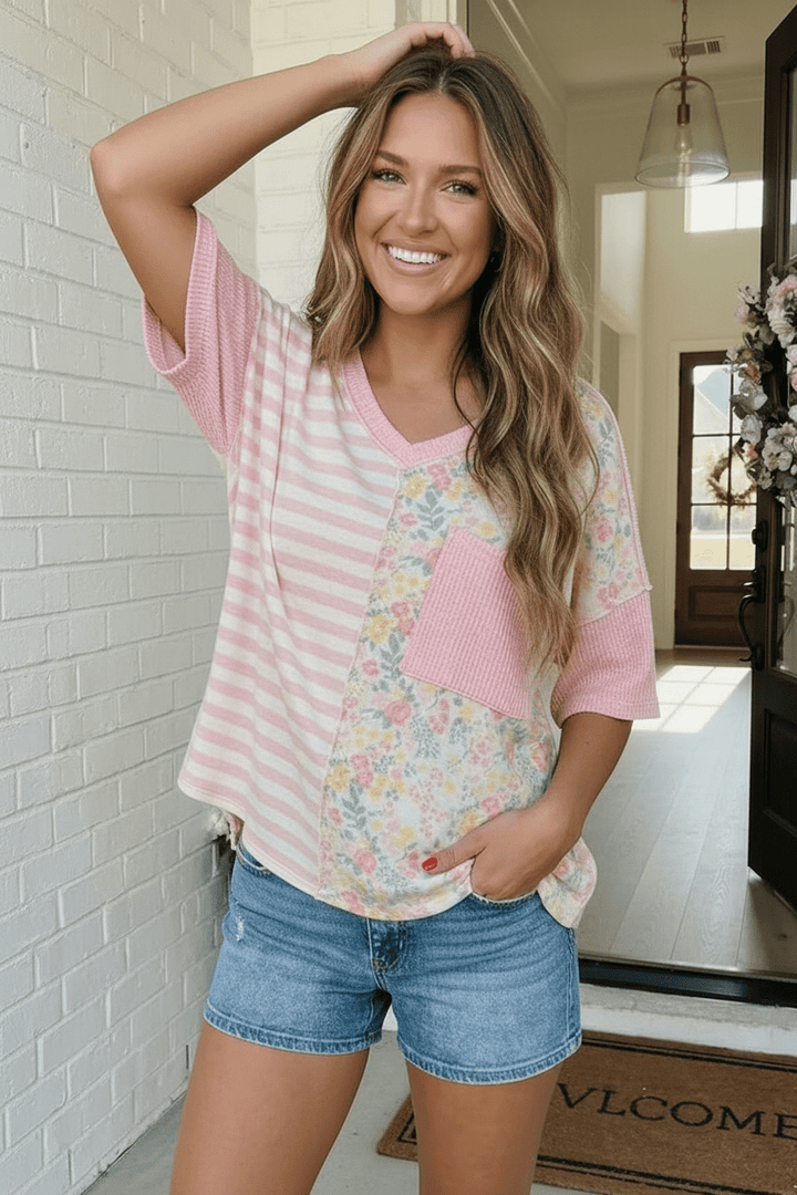 Pretty Darn Cute Mixed Print Floral &amp; Stripe V - Neck Top - Nikki &amp; Co. Boutique