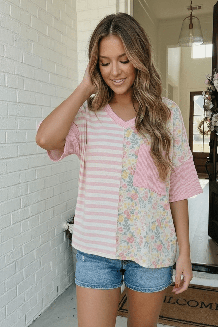 Pretty Darn Cute Mixed Print Floral &amp; Stripe V - Neck Top - Nikki &amp; Co. Boutique