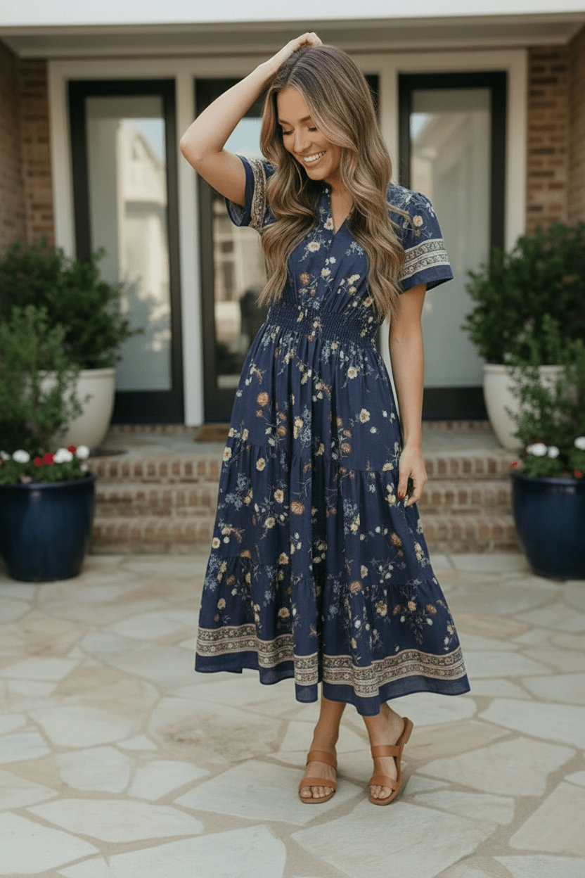 At the Summer Cottage Navy Floral Tiered Midi Dress with Smocked Waist - Nikki &amp; Co. Boutique